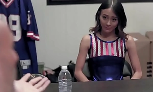 Tiny asian cheerleader jasmine grey will attain everything just to pass the auditions and showed her fucking skills everywhere her trainer brad newman